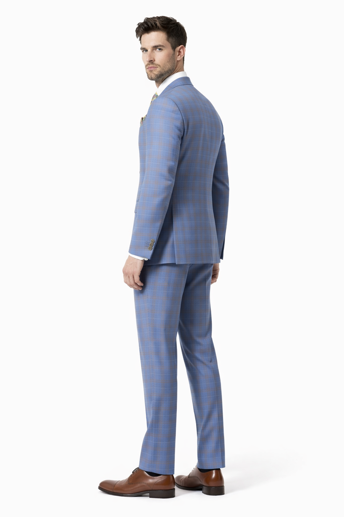 Peak Lapel Suit - Plaid Suit - Windowpane Pattern Color Suit - Steel Blue and Brown Pattern-New Designer Collection
