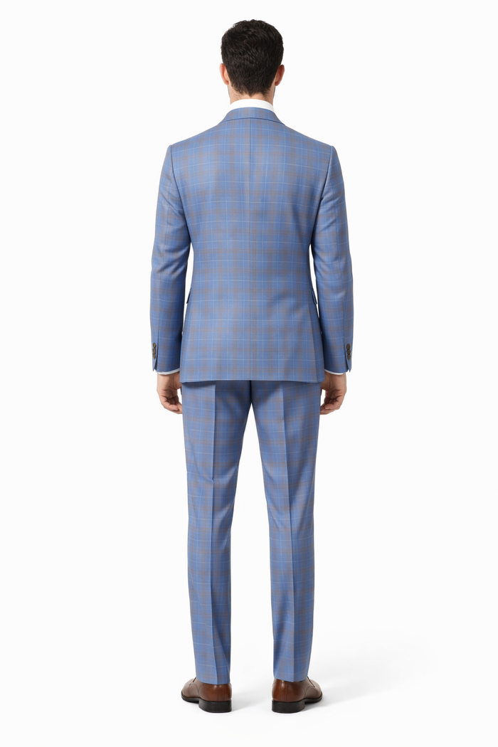 Peak Lapel Suit - Plaid Suit - Windowpane Pattern Color Suit - Steel Blue and Brown Pattern-New Designer Collection
