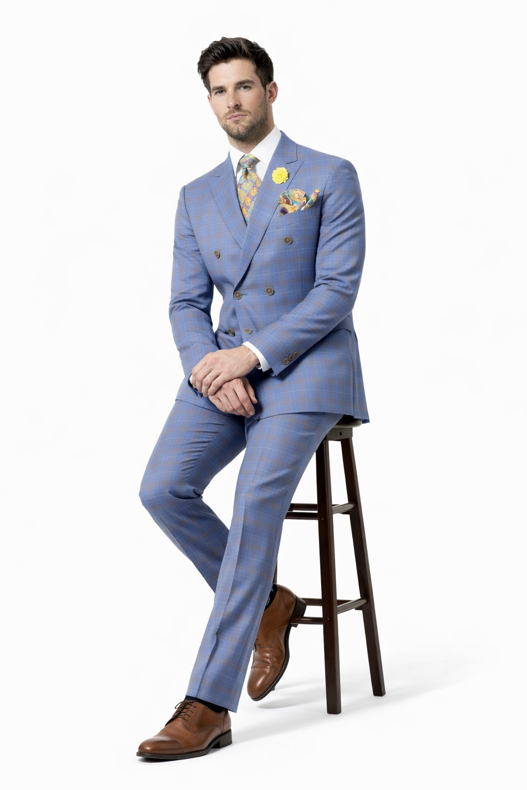 Peak Lapel Suit - Plaid Suit - Windowpane Pattern Color Suit - Steel Blue and Brown Pattern-New Designer Collection - 38 Short Jacket+32 Waist Adjustable 28to34)(Height: 5 4 to5 7 )(Neck  15-16.5)S-M)