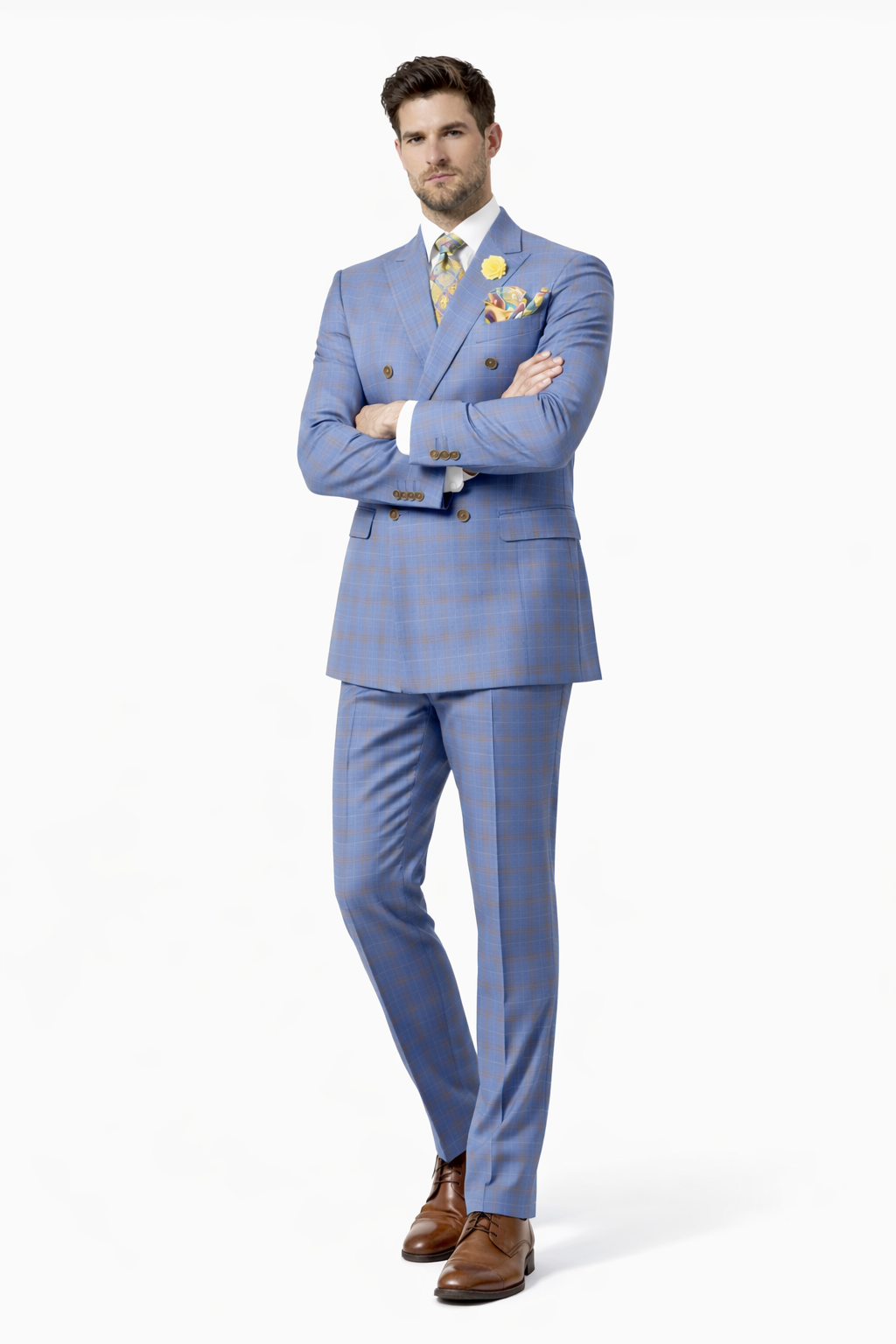 Peak Lapel Suit - Plaid Suit - Windowpane Pattern Color Suit - Steel Blue and Brown Pattern-New Designer Collection - 38 Short Jacket+32 Waist Adjustable 28to34)(Height: 5 4 to5 7 )(Neck  15-16.5)S-M)