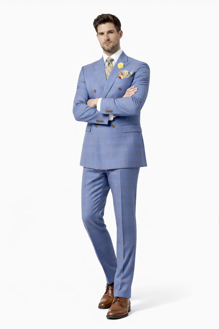 Peak Lapel Suit - Plaid Suit - Windowpane Pattern Color Suit - Steel Blue and Brown Pattern-New Designer Collection