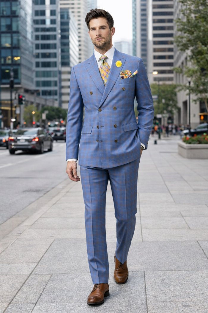 Peak Lapel Suit - Plaid Suit - Windowpane Pattern Color Suit - Steel Blue and Brown Pattern-New Designer Collection