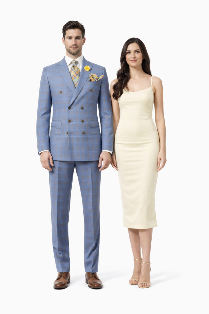 Peak Lapel Suit - Plaid Suit - Windowpane Pattern Color Suit - Steel Blue and Brown Pattern-New Designer Collection