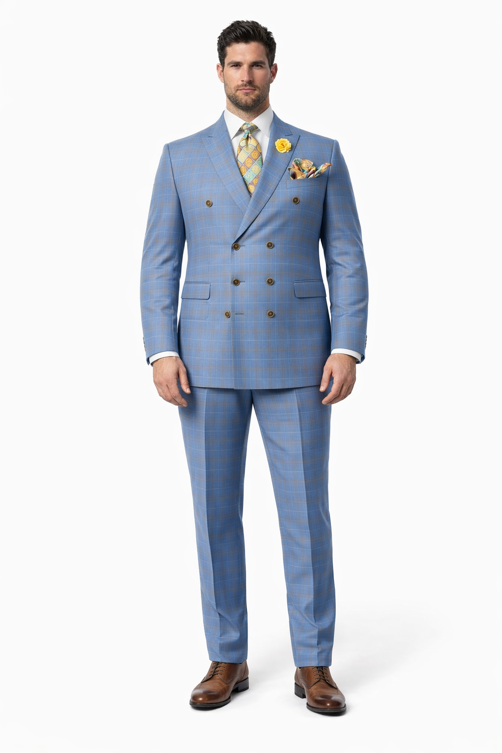 Peak Lapel Suit - Plaid Suit - Windowpane Pattern Color Suit - Steel Blue and Brown Pattern-New Designer Collection - 38 Short Jacket+32 Waist Adjustable 28to34)(Height: 5 4 to5 7 )(Neck  15-16.5)S-M)