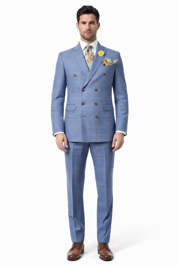 Peak Lapel Suit - Plaid Suit - Windowpane Pattern Color Suit - Steel Blue and Brown Pattern-New Designer Collection