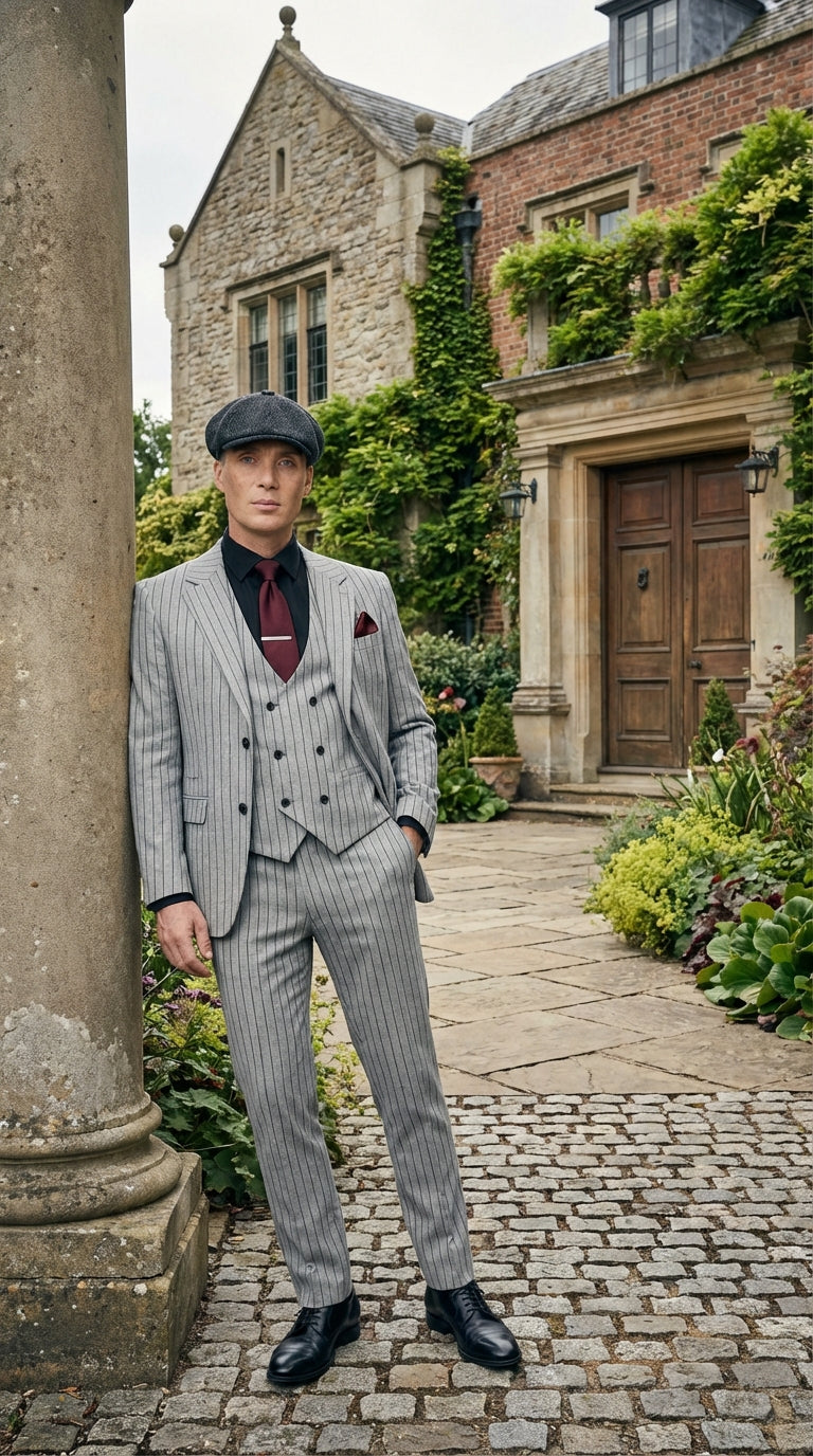 Mens Light Gray and Black Pinstripe 3 Piece Suit – Peaky Blinders Inspired Vintage Gangster 1920s Suit - 34 Short or Extra Small