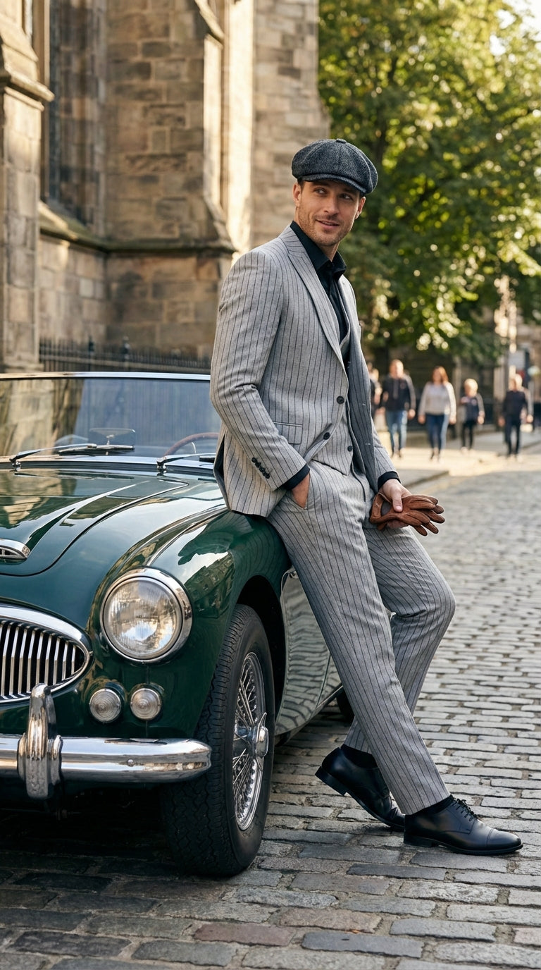 Mens Light Gray and Black Pinstripe 3 Piece Suit – Peaky Blinders Inspired Vintage Gangster 1920s Suit - 34 Short or Extra Small