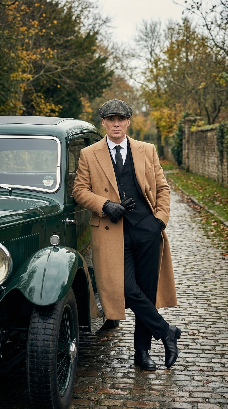 Mens Camel Brown Double Breasted Wool Overcoat + Suit – Peaky Blinders Inspired Vintage Long Trench Coat with Lapel Collar - Coat Size 38