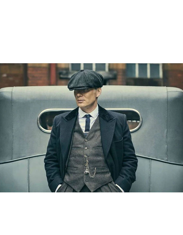 Mens Peaky Blinders Costume peaky blinder outfit - Include peaky blinder actor cap Thomas Shelby Black Vested Suit & Black Overcoat (Random Color Combo)