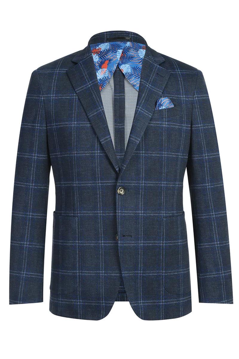 Pelago Blazer: Men's Navy Windowpane Slim Cotton Patch Pockets - Navy