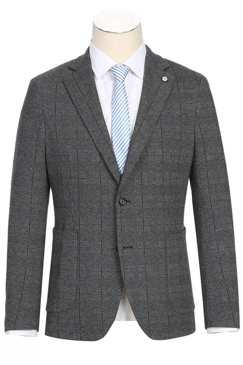 Pelago Men's Charcoal Grey Summer Blazer in Windowpane Plaid - Slim Fit, Half Canvas Patch Pocket - Charcoal Grey