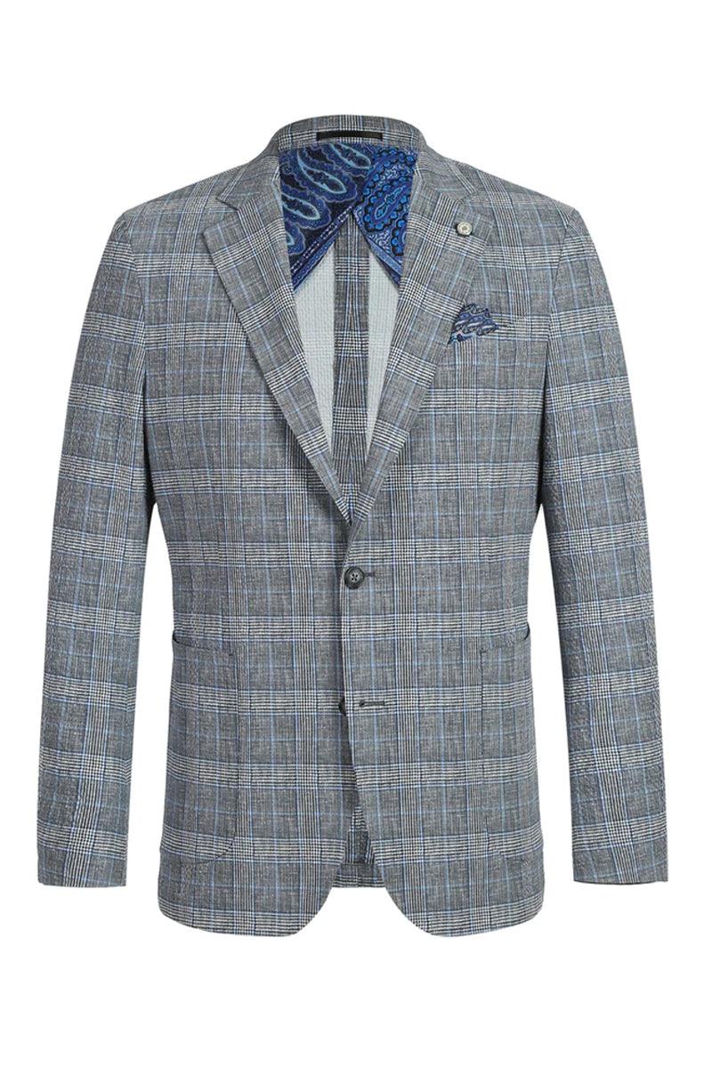 "Elevate Your Prom and Wedding Attire: Pelago's Grey & Blue Windowpane Blazer for Sophisticated Style" - Grey
