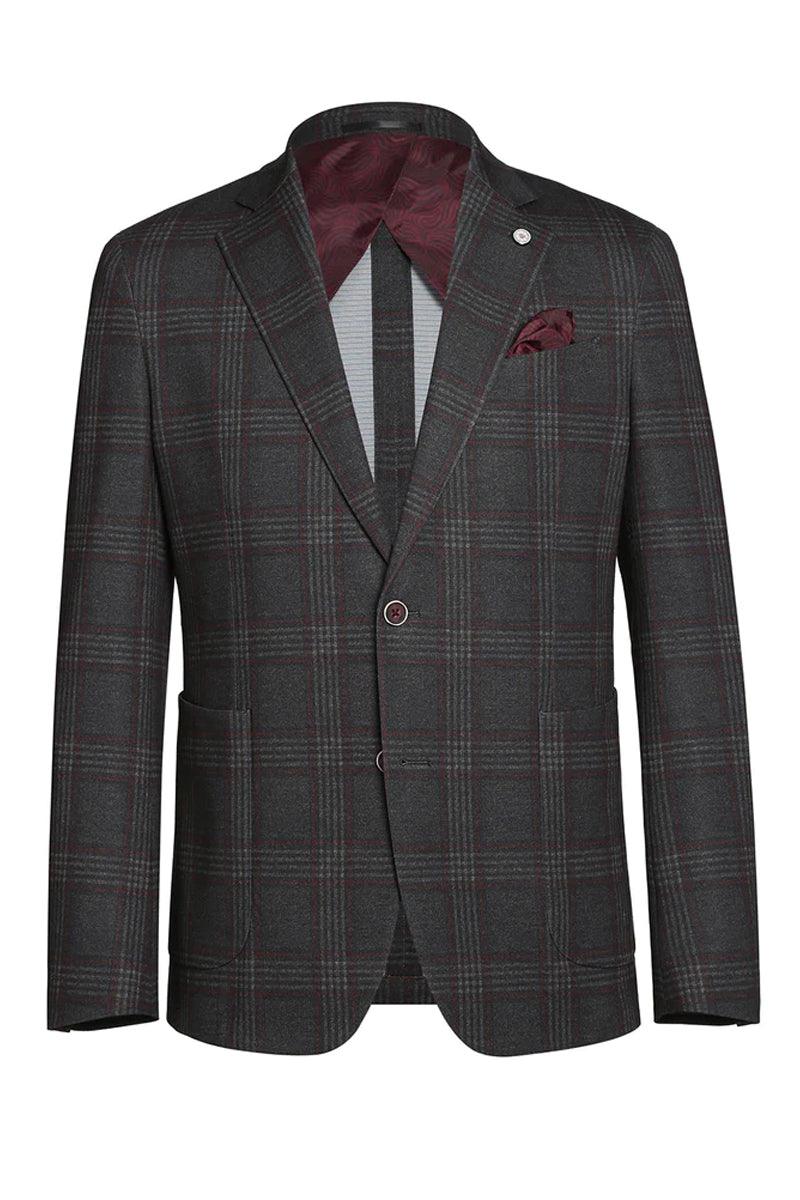 Pelago Men's Slim Charcoal Gray Windowpane Plaid Sports Coat Blazer - Charcoal