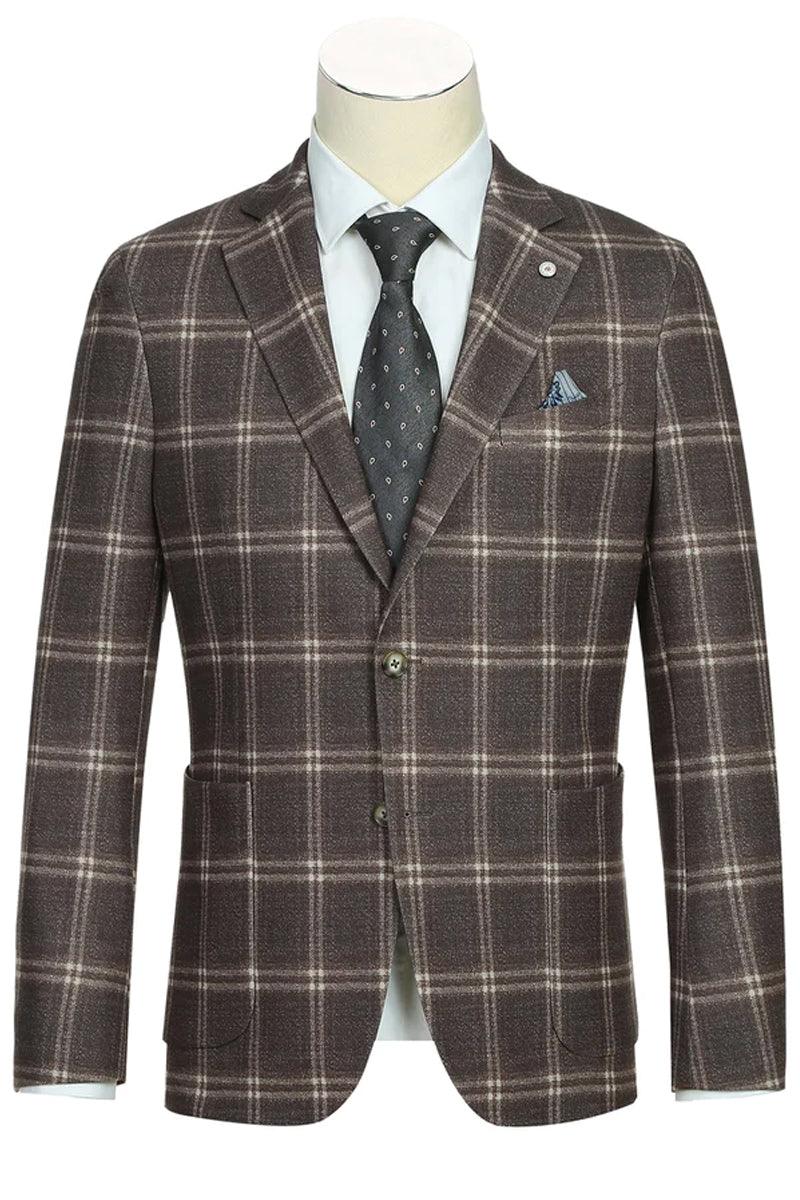 Pelago Men's Slim Cotton Blazer in Brown Windowpane Plaid - Half Canvas, Patch Pockets - Brown