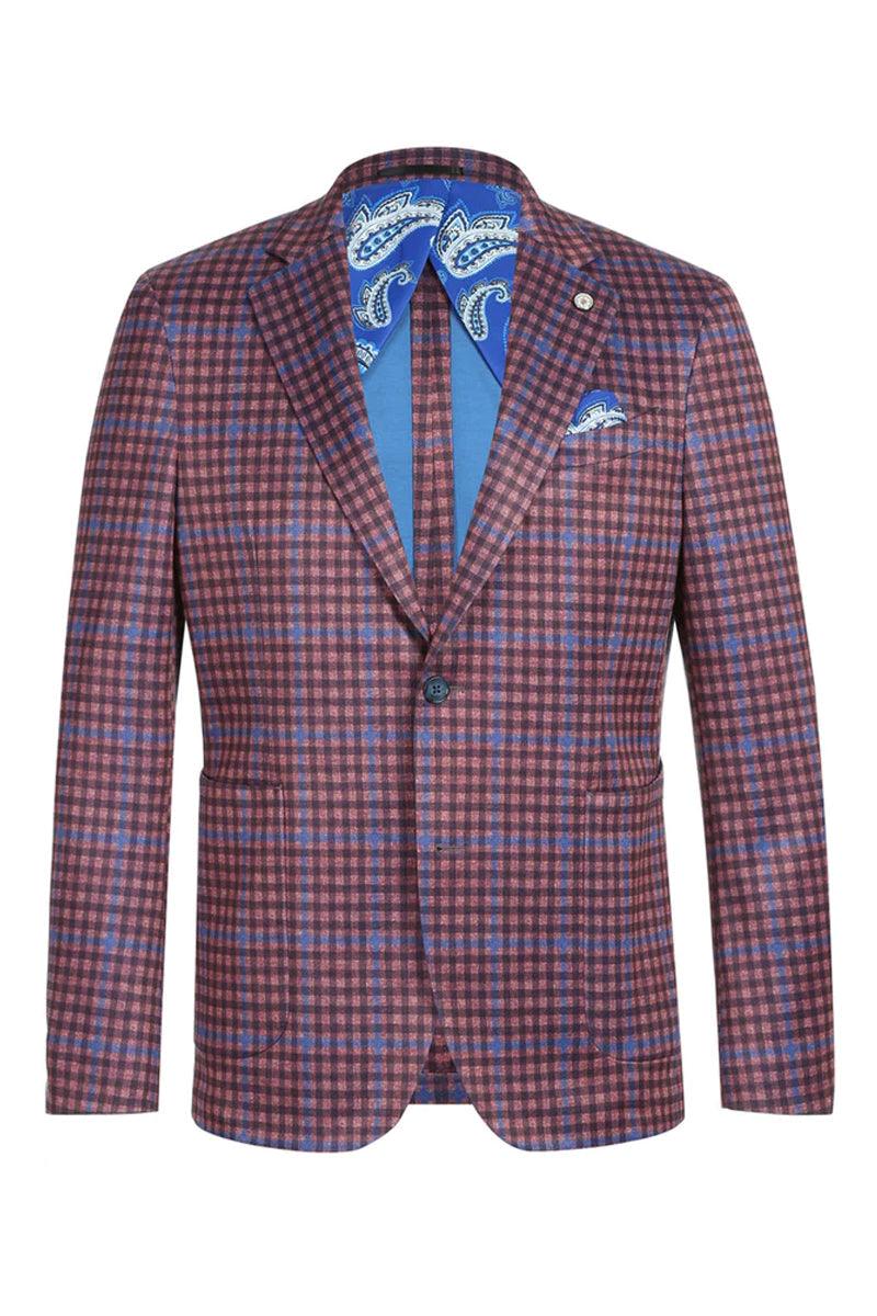 Pelago Men's Slim Fit Blazer - Burgundy & Blue Windowpane Plaid - Burgundy
