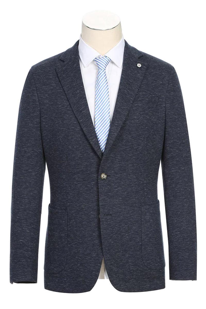 "Pelago Navy Blue Slim-Fit Half-Canvas Summer Cotton Blazer" - Navy