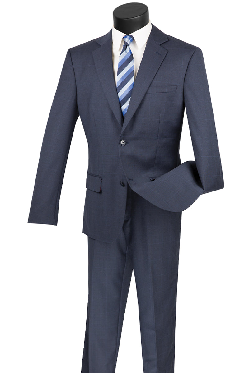 Mens Modern Fit 2 Button 100% Wool Windowpane Suit in Navy - 36 Short