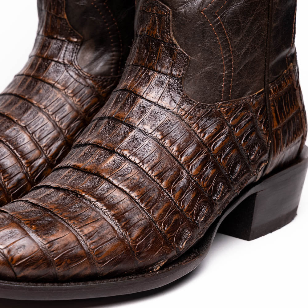 Marco Di Milano Phoenix Aged Brown Caiman Crocodile Round Toe Cowboy Boots - 7
