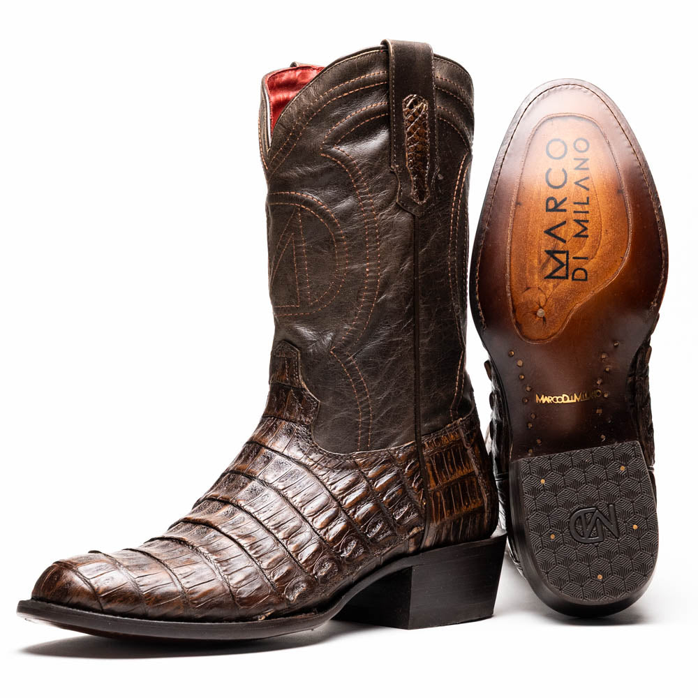 Marco Di Milano Phoenix Aged Brown Caiman Crocodile Round Toe Cowboy Boots - 7
