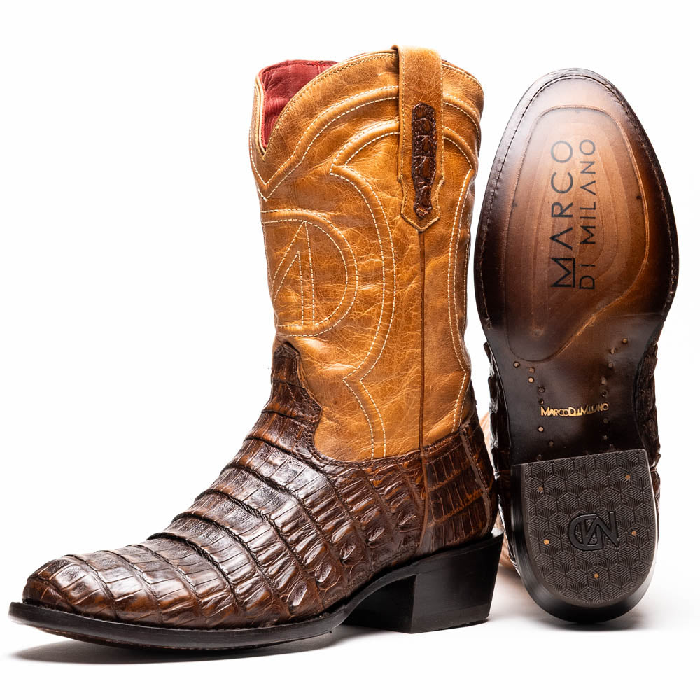 Marco Di Milano Phoenix Aged Maple Caiman Crocodile Round Toe Cowboy Boots - 7