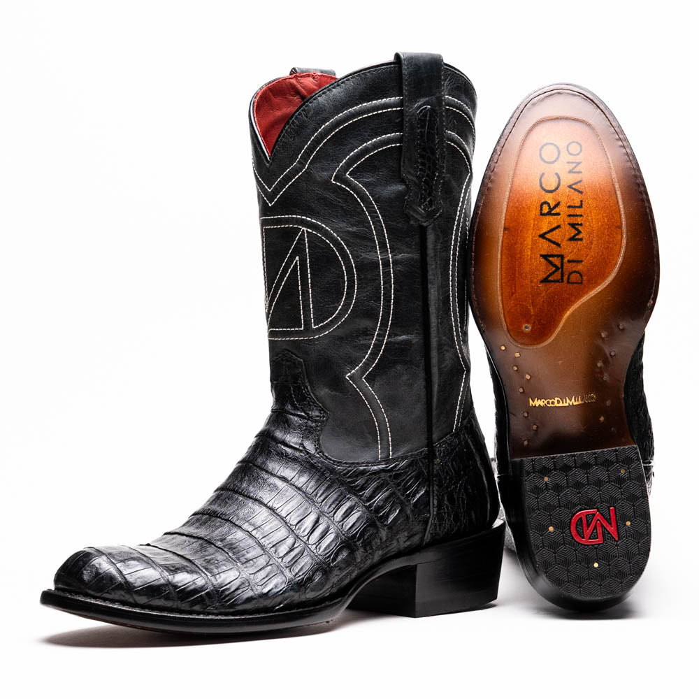Marco Di Milano Phoenix Black Caiman Crocodile Round Toe Cowboy Boots - 7