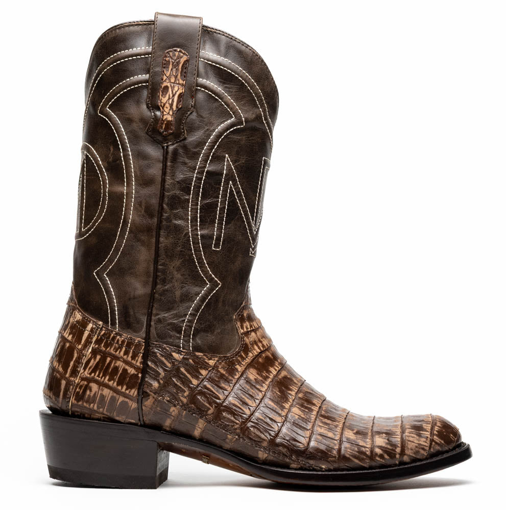 Marco Di Milano Phoenix Stone Brown Caiman Crocodile Round Toe Cowboy Boots - 7
