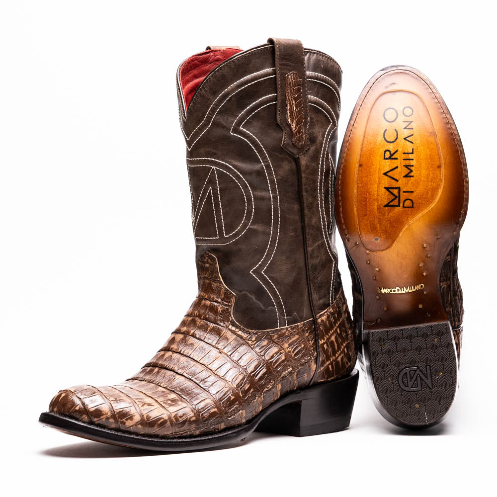 Marco Di Milano Phoenix Stone Brown Caiman Crocodile Round Toe Cowboy Boots - 7