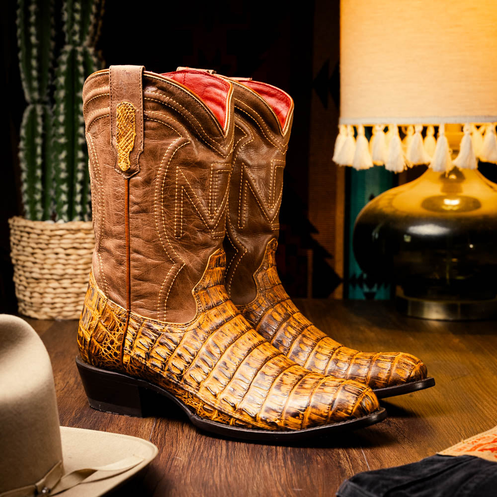 Marco Di Milano Phoenix Mustard Brown Caiman Crocodile Round Toe Cowboy Boots - 7