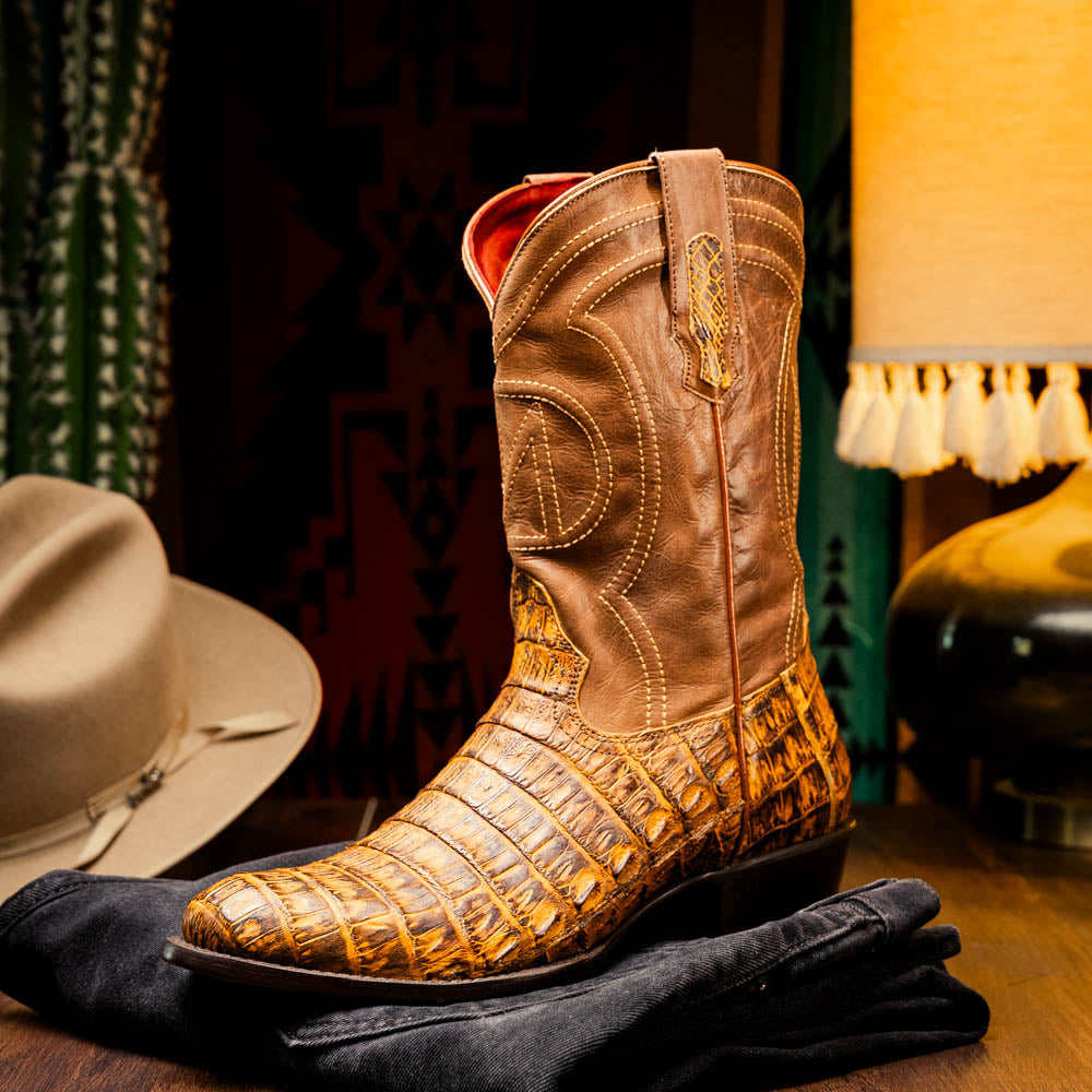 Marco Di Milano Phoenix Mustard Brown Caiman Crocodile Round Toe Cowboy Boots - 7