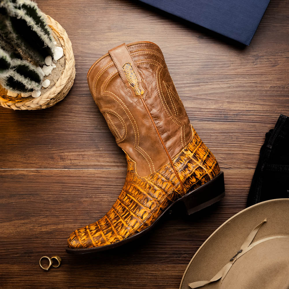 Marco Di Milano Phoenix Mustard Brown Caiman Crocodile Round Toe Cowboy Boots - 7
