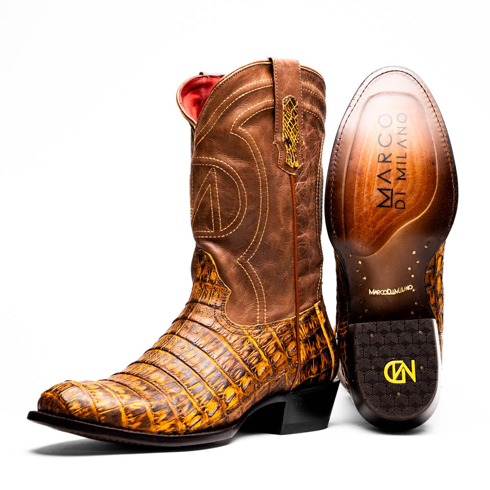Marco Di Milano Phoenix Mustard Brown Caiman Crocodile Round Toe Cowboy Boots - 7