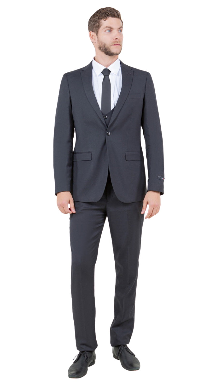 Stretch Fabric 4 Way Slim Fitted Mens Suit in Color Grey Peak Lapel One Button Vested 3 Piece - 34 Short or Extra Small