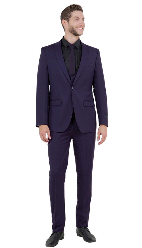 Stretch Fabric 4 Way Slim Fitted Mens Suit in Color Purple Peak Lapel One Button Vested 3 Piece