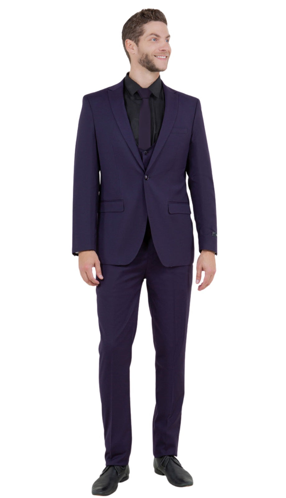 Stretch Fabric 4 Way Slim Fitted Mens Suit in Color Purple Peak Lapel One Button Vested 3 Piece - 34 Short or Extra Small