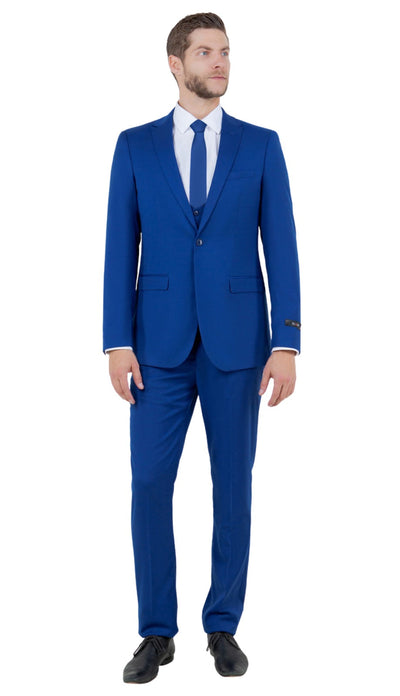Stretch Fabric 4 Way Slim Fitted Mens Suit in Color Indigo Peak Lapel One Button Vested 3 Piece
