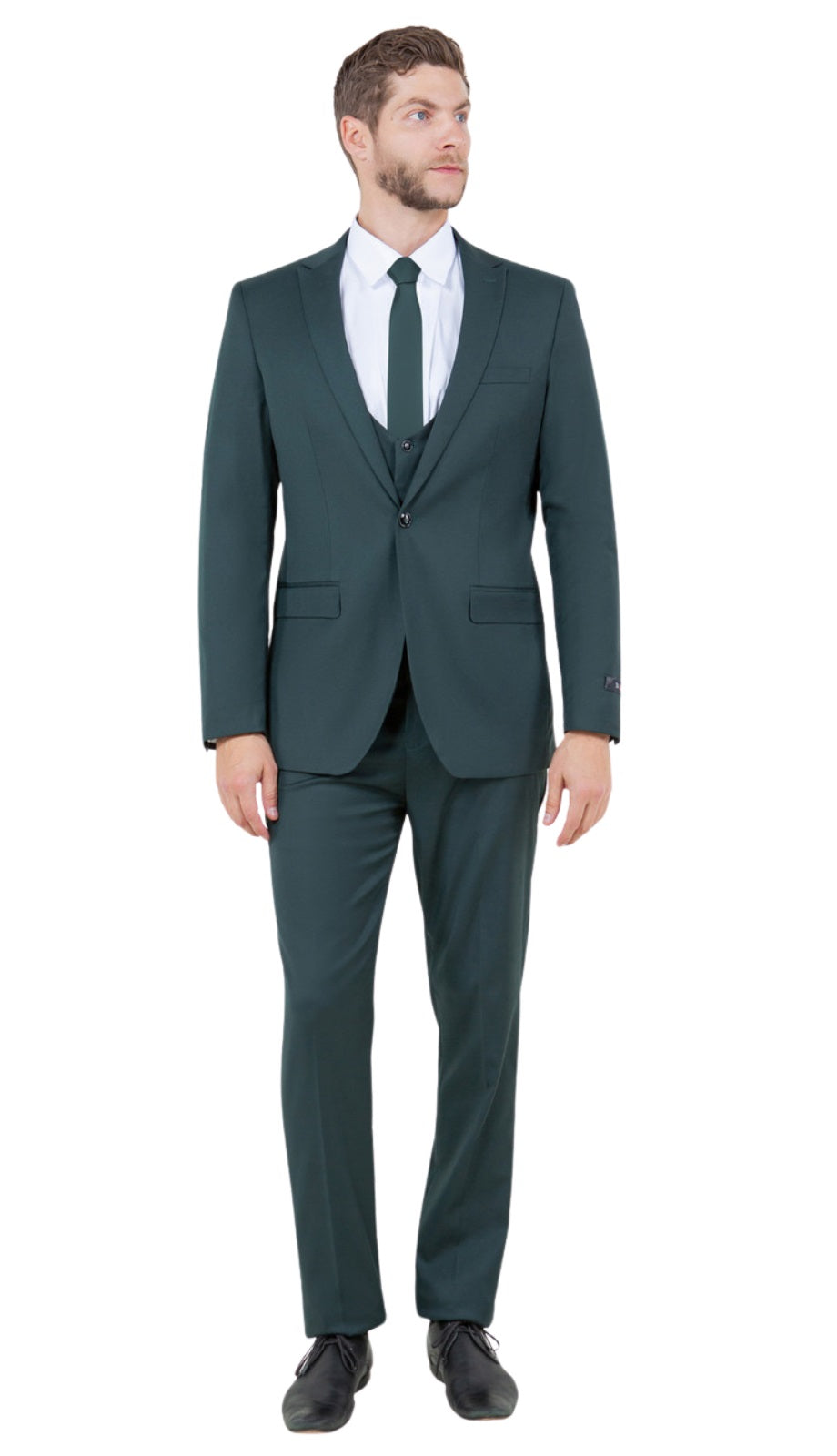 Stretch Fabric 4 Way Slim Fitted Mens Suit in Color Hunter Green Peak Lapel One Button Vested 3 Piece - 34 Short or Extra Small