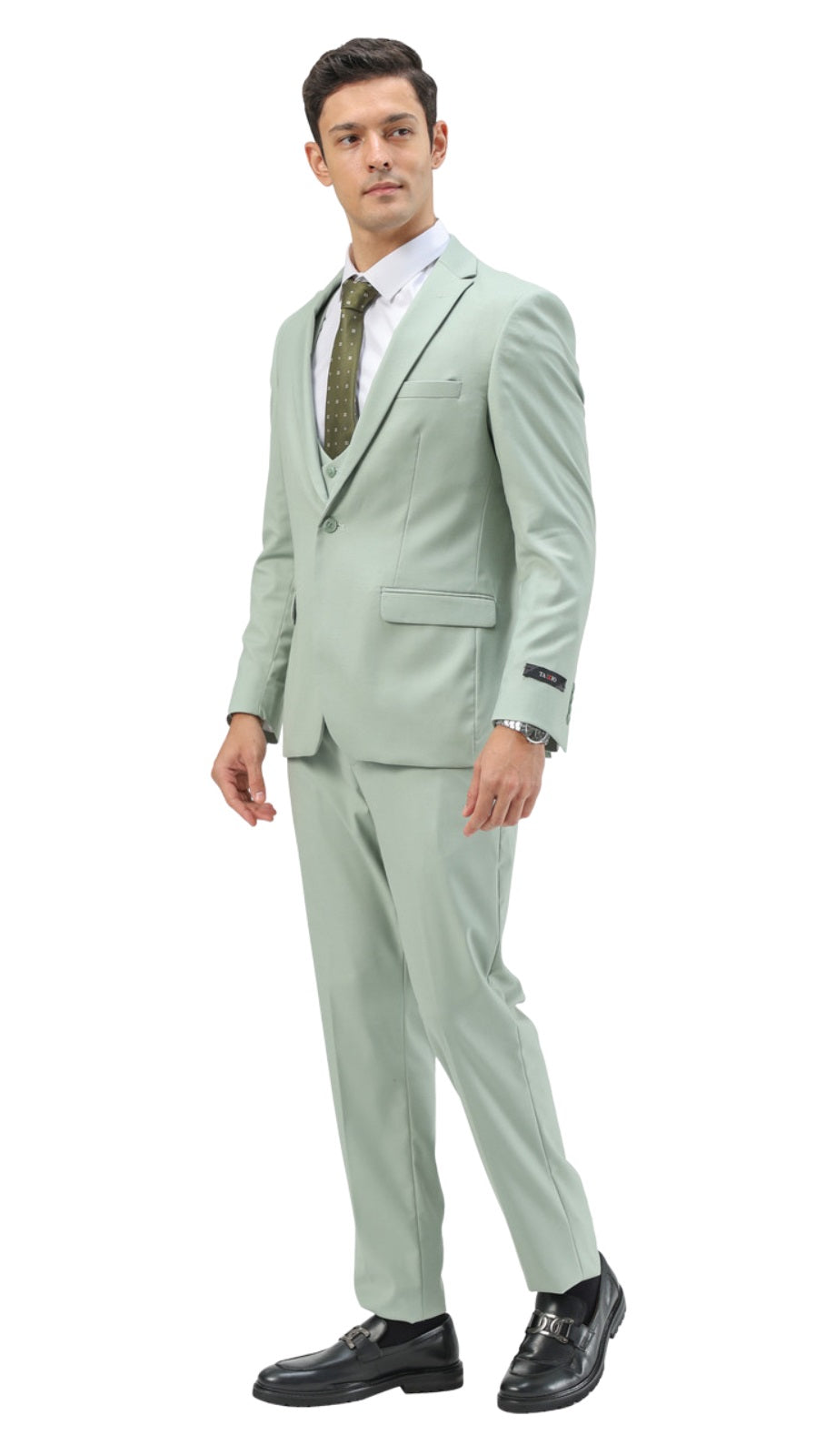 Stretch Fabric 4 Way Slim Fitted Mens Suit in Color Sage Peak Lapel One Button Vested 3 Piece - 34 Short or Extra Small