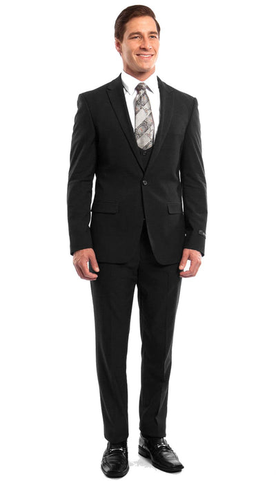 Stretch Fabric 4 Way Slim Fitted Mens Suit in Color Black Peak Lapel One Button Vested 3 Piece