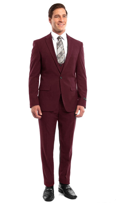 Stretch Fabric 4 Way Slim Fitted Mens Suit in Color Burgundy Peak Lapel One Button Vested 3 Piece