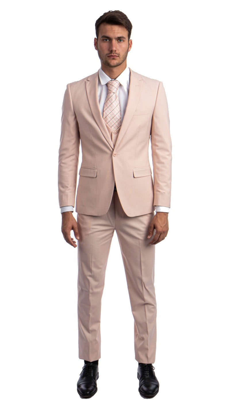 Stretch Fabric 4 Way Slim Fitted Mens Suit in Color Blush Peak Lapel One Button Vested 3 Piece - 34 Short or Extra Small