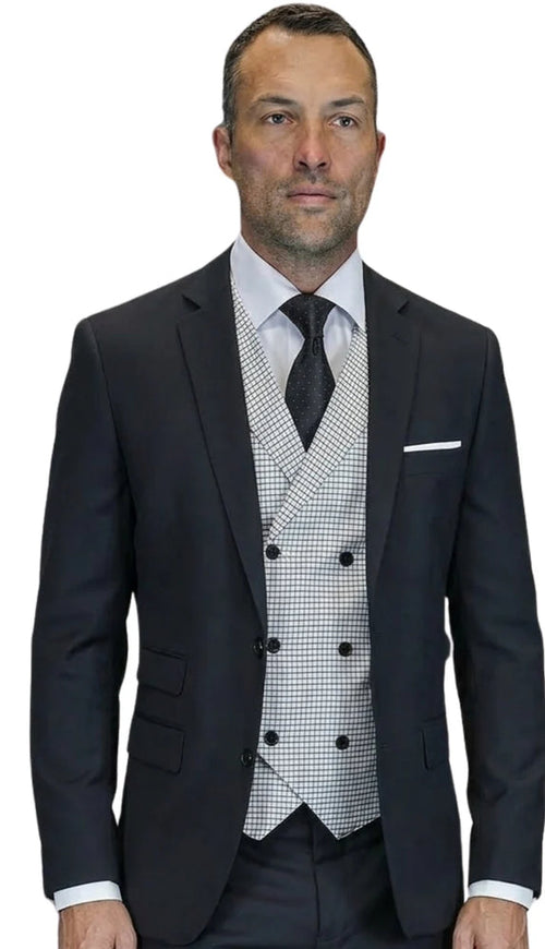 Mens Wool Suit With Houndstooth DB Vest in Color "Black" Modern Fit By Statement 1920's Great Gatsby Vintage