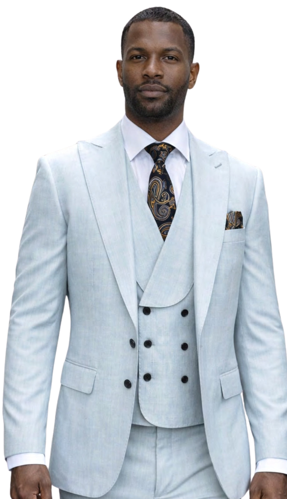 Mens Wool Suit - Ticket Pocket Big Lapel Single button Double breasted Vest By Statement in Color Aqua - 34 Short or Extra Small