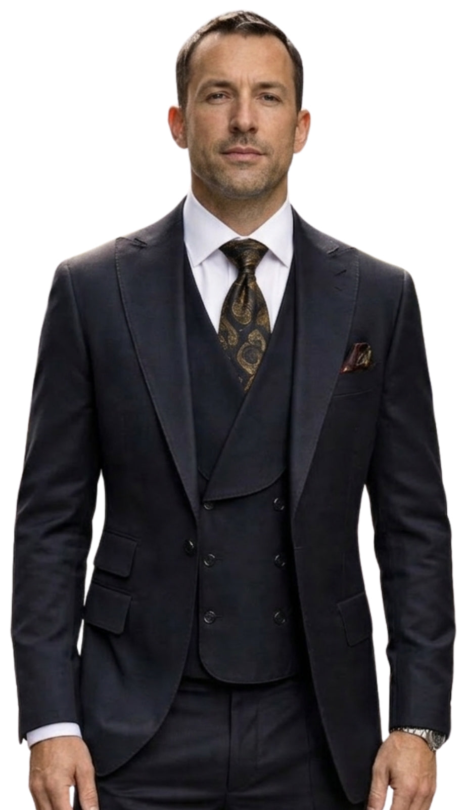 Mens Wool Suit - Ticket Pocket Big Lapel Single button Double breasted Vest By Statement in Color Black - 34 Short or Extra Small