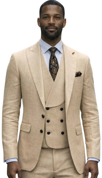 Mens Wool Suit - Ticket Pocket Big Lapel Single button Double breasted Vest By Statement in Color Caramel