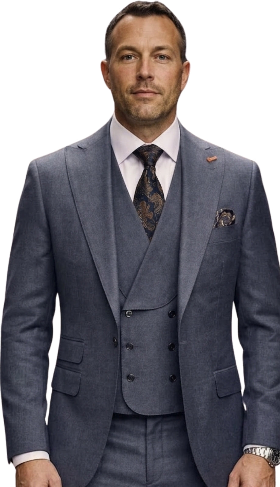 Mens Wool Suit - Ticket Pocket Big Lapel Single button Double breasted Vest By Statement in Color Charcoal - 34 Short or Extra Small