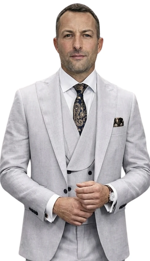 Mens Wool Suit - Ticket Pocket Big Lapel Single button Double breasted Vest By Statement in Color Grey
