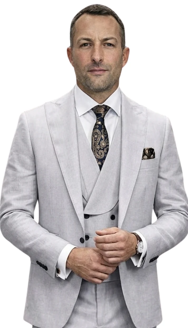 Mens Wool Suit - Ticket Pocket Big Lapel Single button Double breasted Vest By Statement in Color Grey - 34 Short or Extra Small