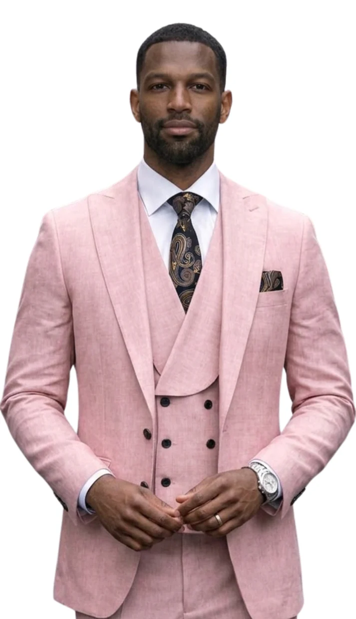 Mens Wool Suit - Ticket Pocket Big Lapel Single button Double breasted Vest By Statement in Color Mauve - 34 Short or Extra Small