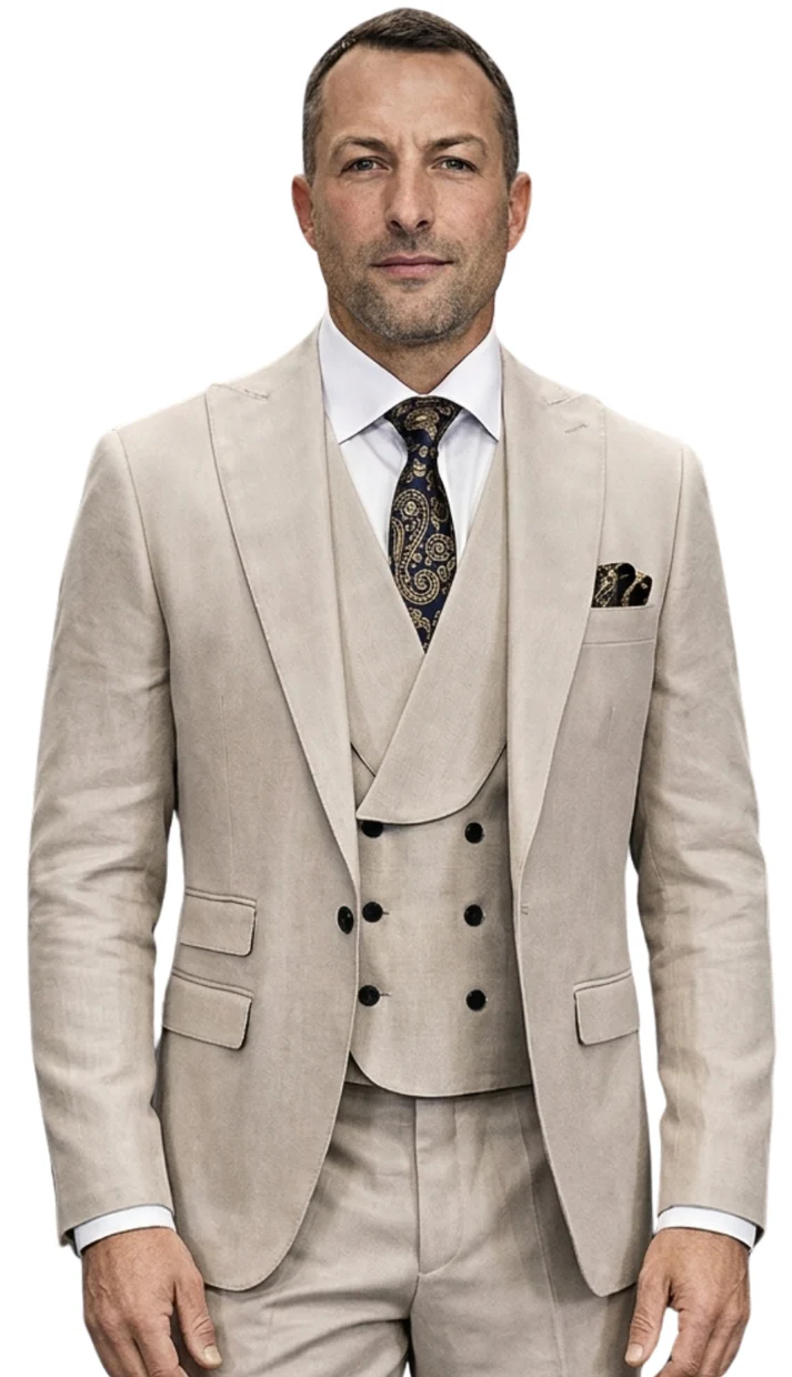 Mens Wool Suit - Ticket Pocket Big Lapel Single button Double breasted Vest By Statement in Color Tan - 34 Short or Extra Small