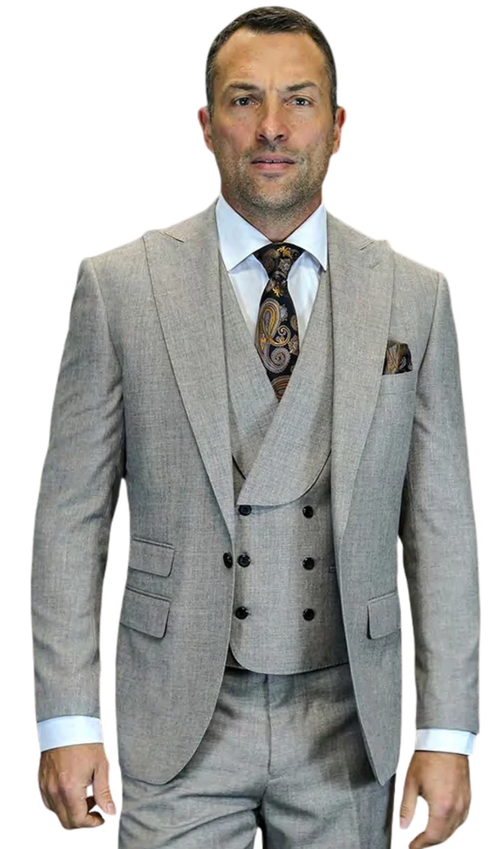 Mens Wool Suit - Ticket Pocket Big Lapel Single button Double breasted Vest By Statement in Color Taupe - 34 Short or Extra Small